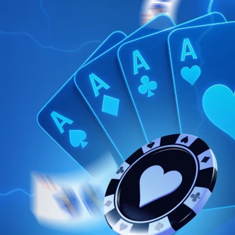 Playing cards and poker chip illuminated in blue light symbolizing reload bonuses and free spin offers at 777Bet Casino.